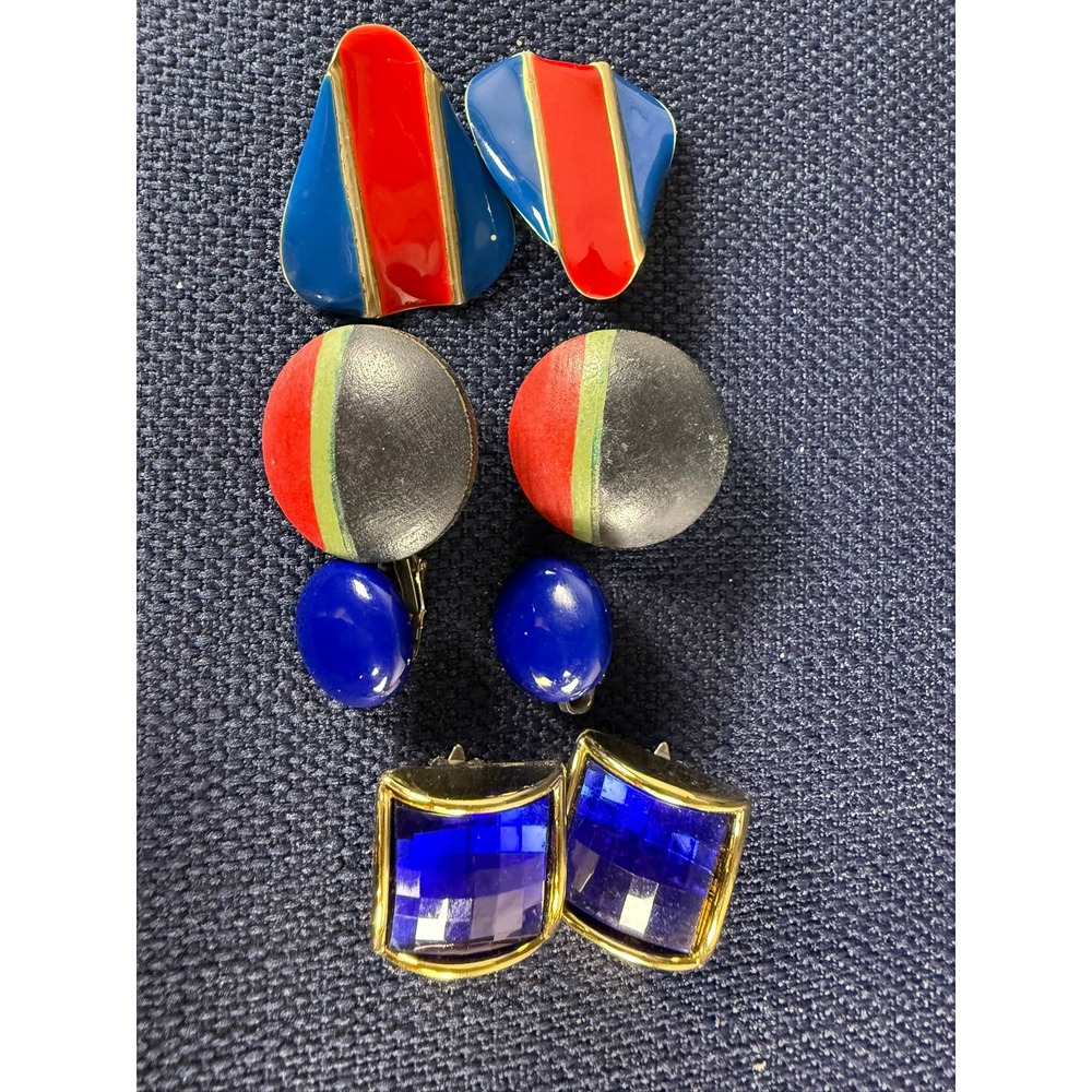 Lot of 4 Vintage Clip‑On Earrings – Enamel, Geometric & Gemstone Style Mix